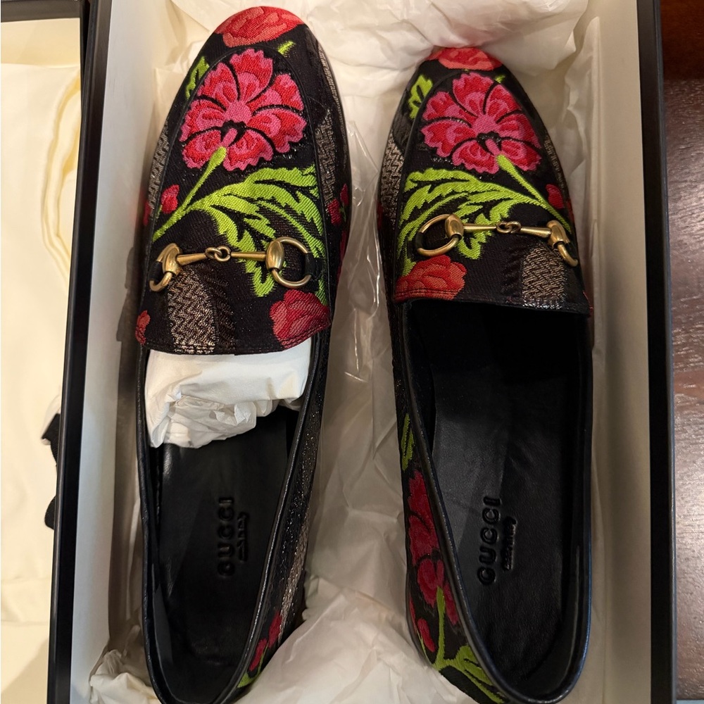 Gucci Jordaan Floral Horsebit Black Loafers - Picture 3 of 9